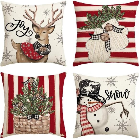 Christmas Snowman Reindeer Gloves Eucalyptus Red Throw Pillow Covers, 20 x 20 In - Picture 1 of 7